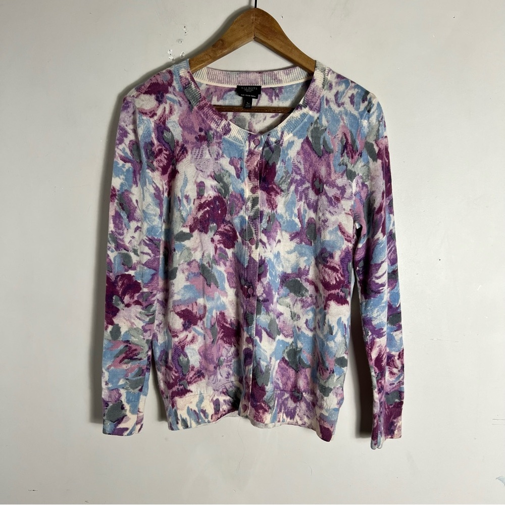 Talbots 100% Merino Wool Floral Button Up Cardigan Size Large Petite